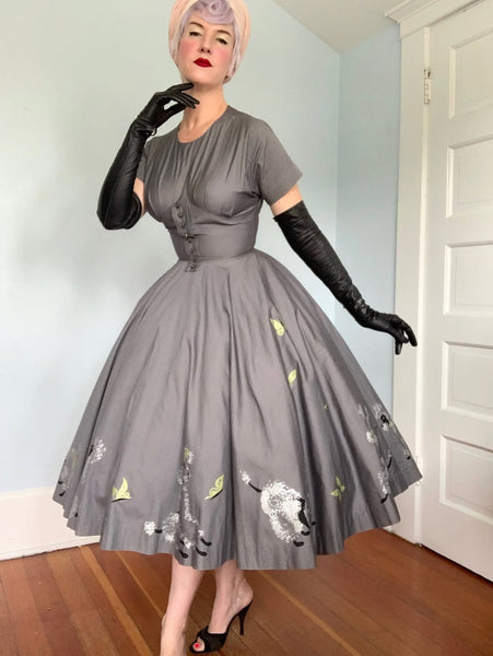 1950s Poodle Novelty Border Print Cotton Day Dress