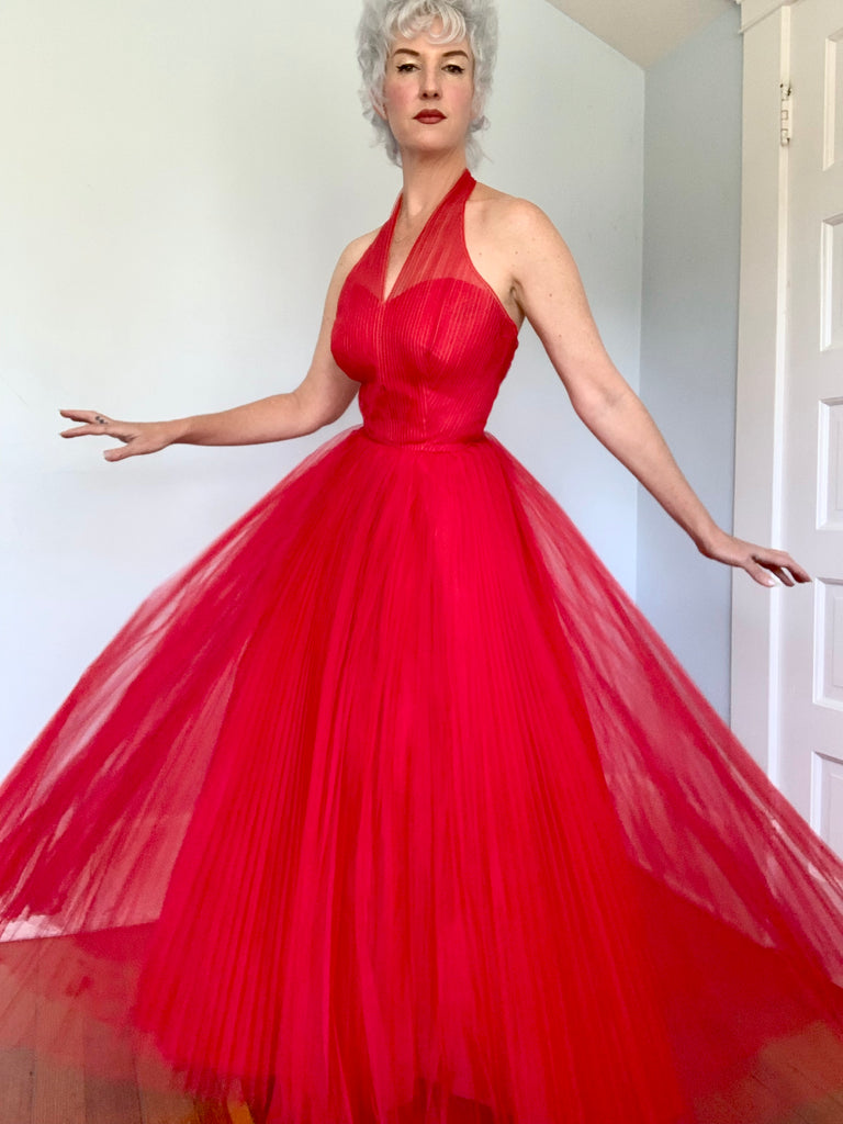 1950s Designer Rappi Red Accordion Pleated Tulle Halter Gown butchwaxvintage 1950s Designer Rappi Red Accordion Pleated Tulle Halter Gown butchwaxvintage