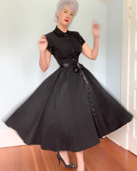 1940s New Look Textured Satin Hand Embellished Party Dress for “Blum’s-Vogue Chicago”