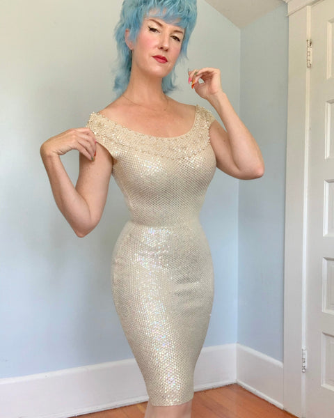 1960s “Gene Shelly’s Boutique Internationale” Hand Sequined / Beaded Wool Cocktail Dress