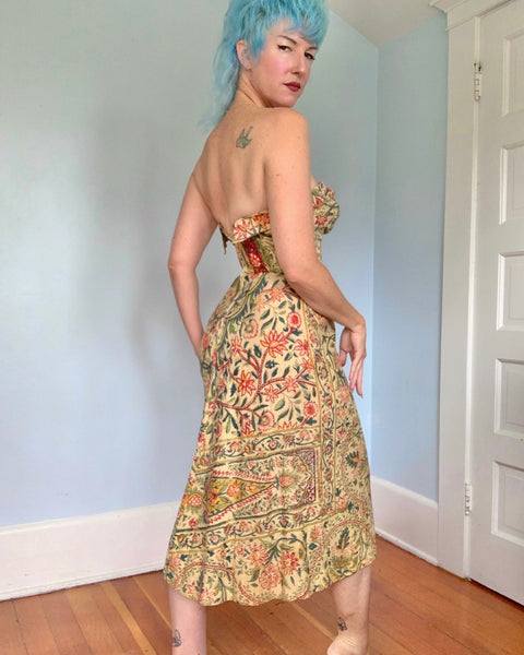 1940s Hand Printed Indian Cotton Sarong Dress