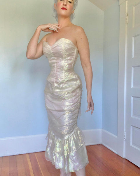 1980s Iridescent Chiffon “Gunne Sax” Mermaid Cocktail Dress