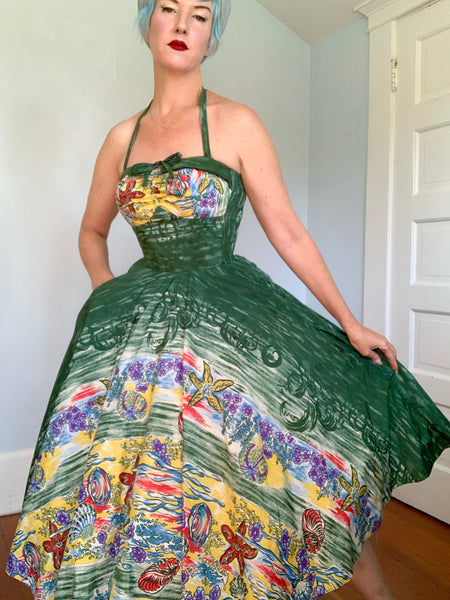 1950s “Miss Hawaii” Nylon Painted Ocean Sealife Print Halter Hawaiian Sundress