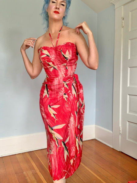 Rare 1940s Custom Made Silk Hawaiian Sarong Dress w/ Flying Fish Print