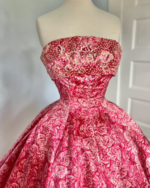 Custom Made 1950s Silk Party Dress in Rose Photographic Print