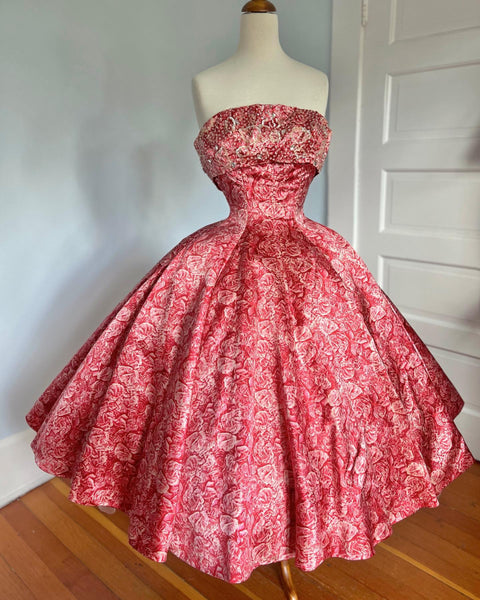 Custom Made 1950s Silk Party Dress in Rose Photographic Print