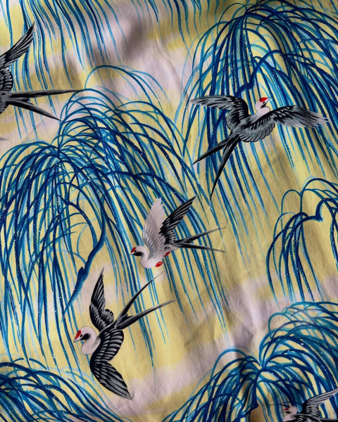 1940s Pure Silk Crepe Hawaiian Pake Muu w/ Japanese Swallows by “The Liberty House”