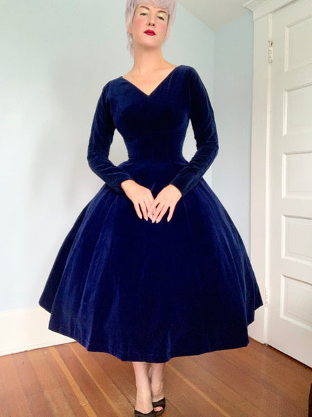 1950s Deep Sapphire Cotton Velvet Party Dress