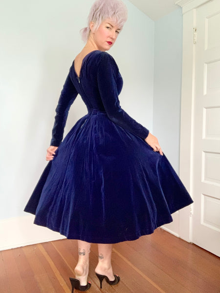 1950s Deep Sapphire Cotton Velvet Party Dress