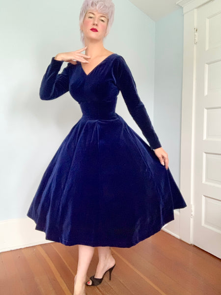 1950s Deep Sapphire Cotton Velvet Party Dress