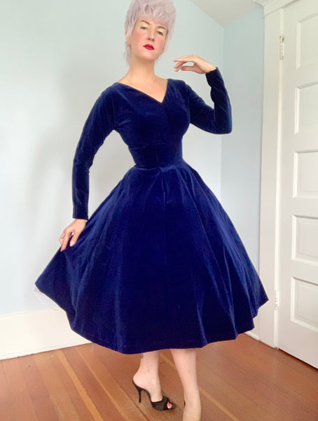 1950s Deep Sapphire Cotton Velvet Party Dress