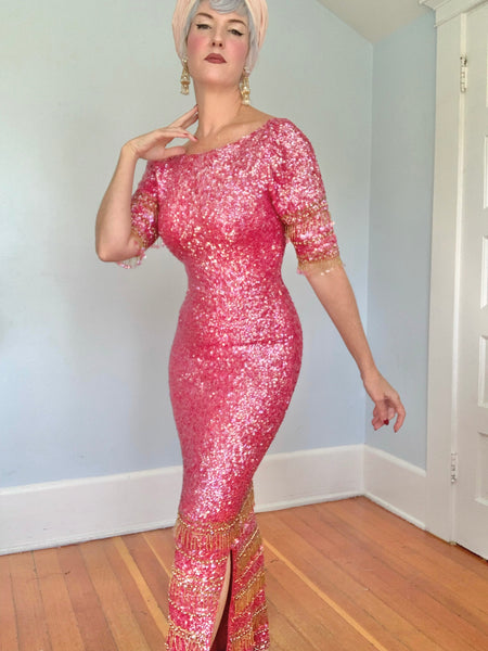 1960s “Gene Shelly’s Boutique Internationale” Hand Sequined Wool Evening Gown
