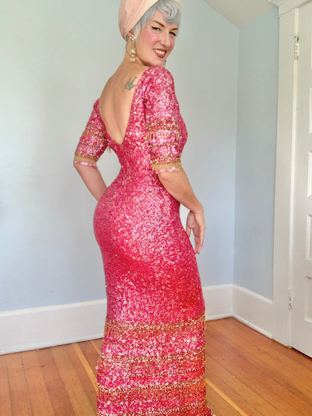 1960s “Gene Shelly’s Boutique Internationale” Hand Sequined Wool Evening Gown