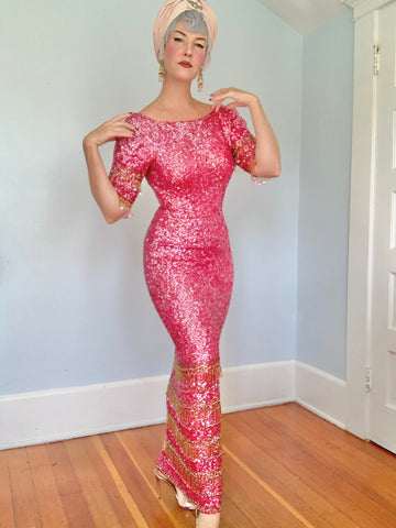 1960s “Gene Shelly’s Boutique Internationale” Hand Sequined Wool Evening Gown