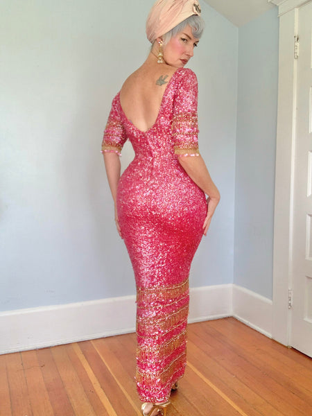 1960s “Gene Shelly’s Boutique Internationale” Hand Sequined Wool Evening Gown