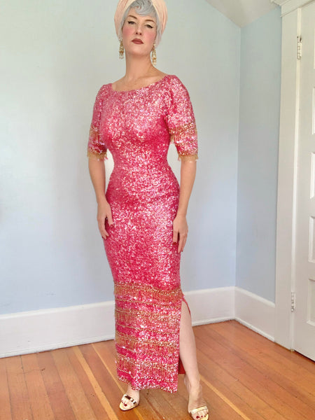 1960s “Gene Shelly’s Boutique Internationale” Hand Sequined Wool Evening Gown