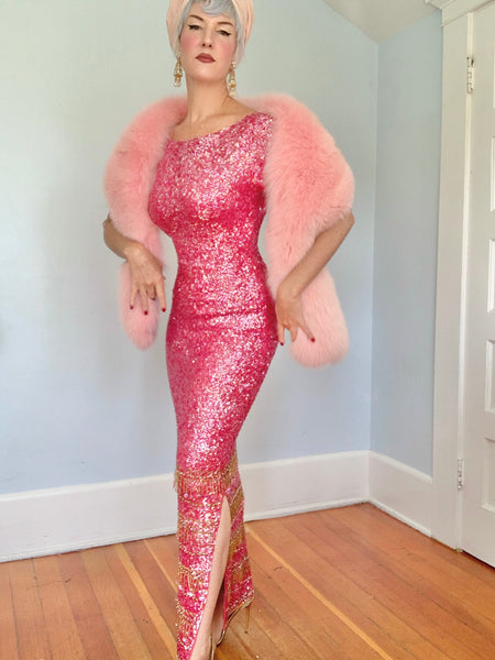 1960s “Gene Shelly’s Boutique Internationale” Hand Sequined Wool Evening Gown