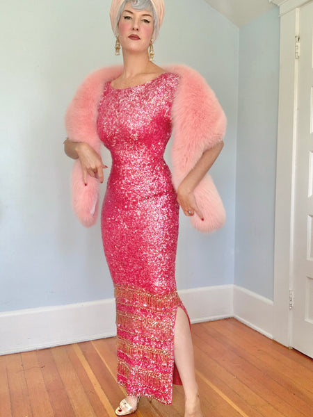 1960s “Gene Shelly’s Boutique Internationale” Hand Sequined Wool Evening Gown