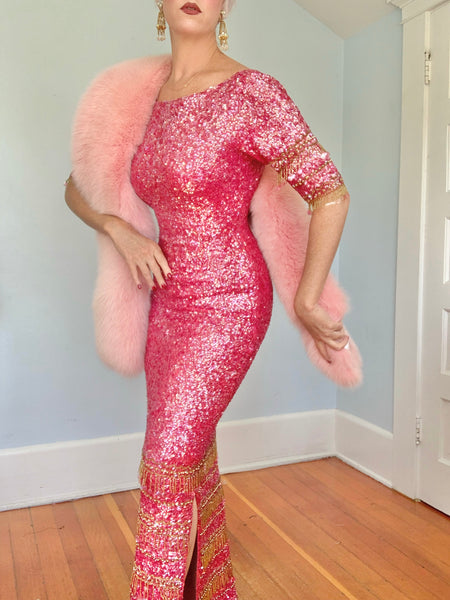 1960s “Gene Shelly’s Boutique Internationale” Hand Sequined Wool Evening Gown
