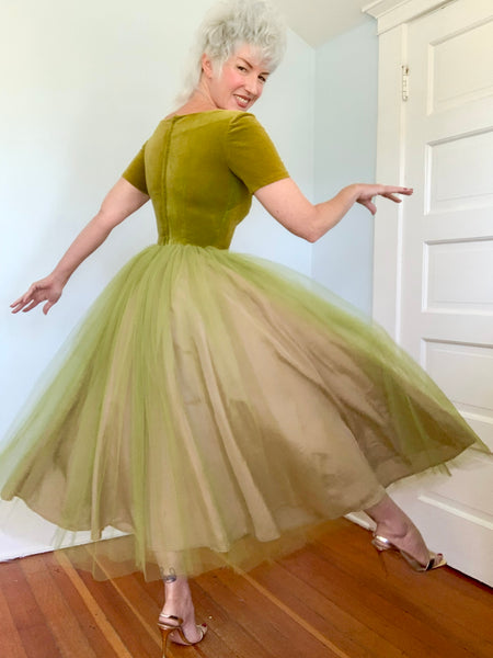 1950s Chartreuse Cotton Velvet w/ Tulle Party Dress