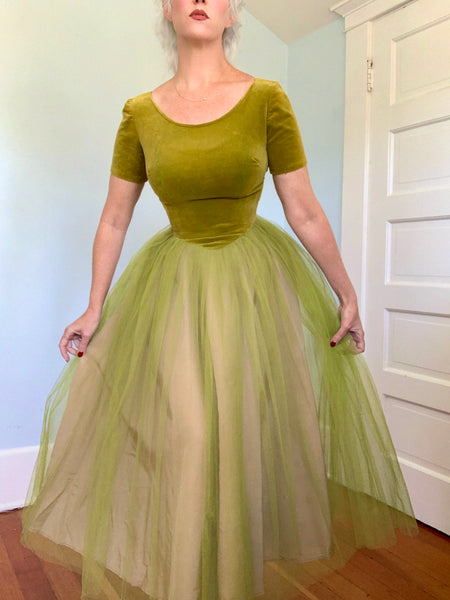 1950s Chartreuse Cotton Velvet w/ Tulle Party Dress