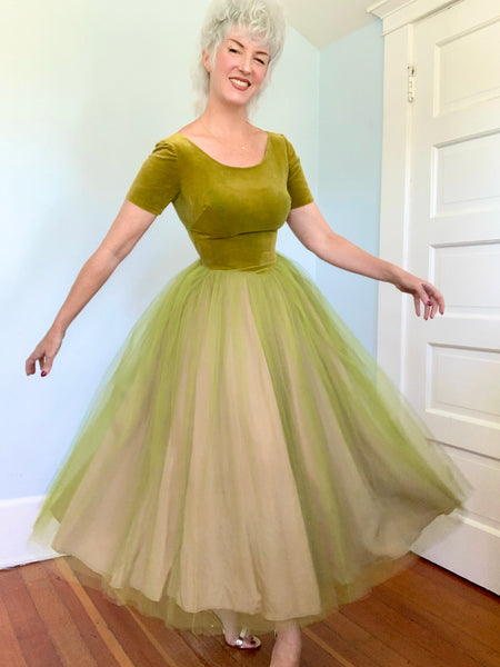 1950s Chartreuse Cotton Velvet w/ Tulle Party Dress