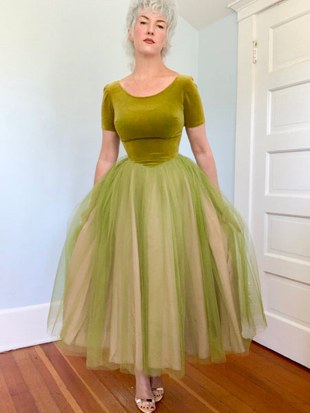 1950s Chartreuse Cotton Velvet w/ Tulle Party Dress