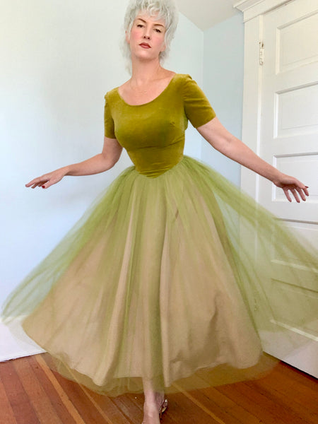 1950s Chartreuse Cotton Velvet w/ Tulle Party Dress