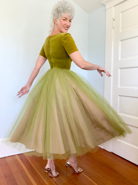 1950s Chartreuse Cotton Velvet w/ Tulle Party Dress