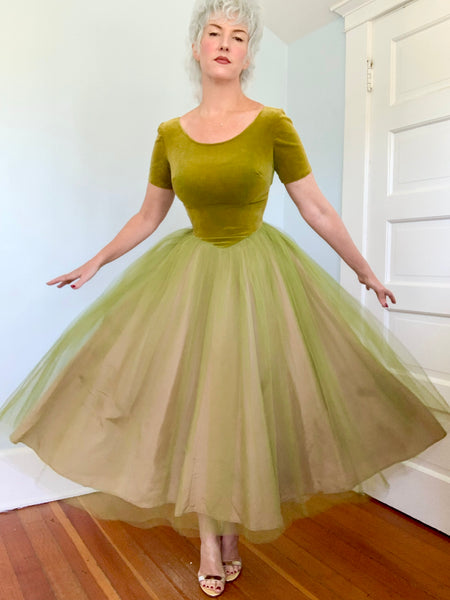 1950s Chartreuse Cotton Velvet w/ Tulle Party Dress