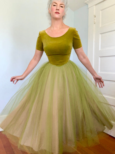 1950s Chartreuse Cotton Velvet w/ Tulle Party Dress