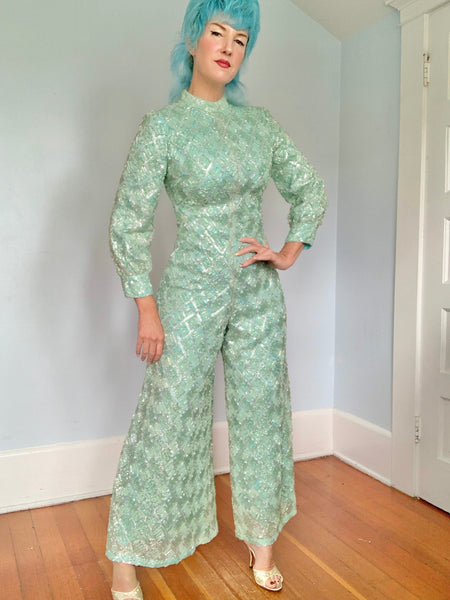 Custom Made 1960s Iridescent Tulle Over Satin Palazzo Pant Jumpsuit