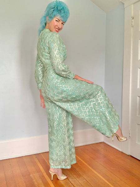 Custom Made 1960s Iridescent Tulle Over Satin Palazzo Pant Jumpsuit