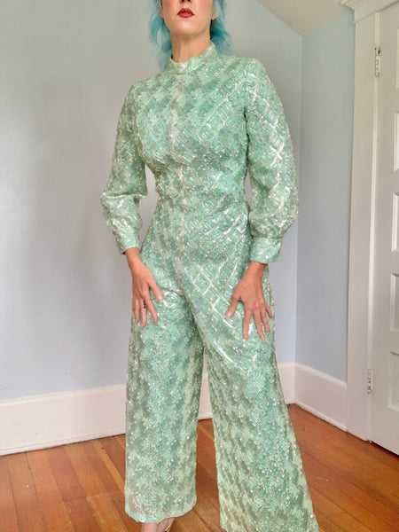 Custom Made 1960s Iridescent Tulle Over Satin Palazzo Pant Jumpsuit