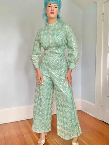 Custom Made 1960s Iridescent Tulle Over Satin Palazzo Pant Jumpsuit
