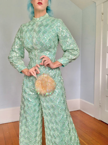 Custom Made 1960s Iridescent Tulle Over Satin Palazzo Pant Jumpsuit