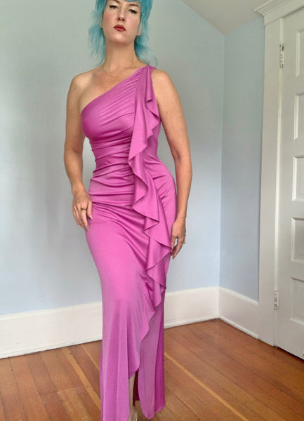 1970s Stretch Jersey One Shoulder Draped Goddess Gown by “New Leaf by Samir”