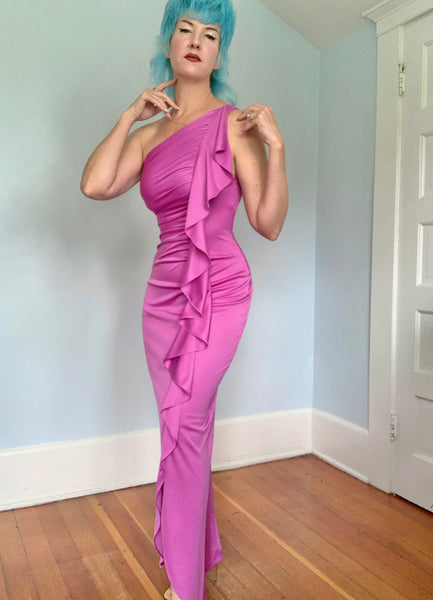 1970s Stretch Jersey One Shoulder Draped Goddess Gown by “New Leaf by Samir”