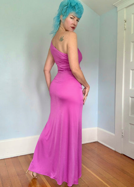 1970s Stretch Jersey One Shoulder Draped Goddess Gown by “New Leaf by Samir”