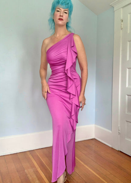 1970s Stretch Jersey One Shoulder Draped Goddess Gown by “New Leaf by Samir”