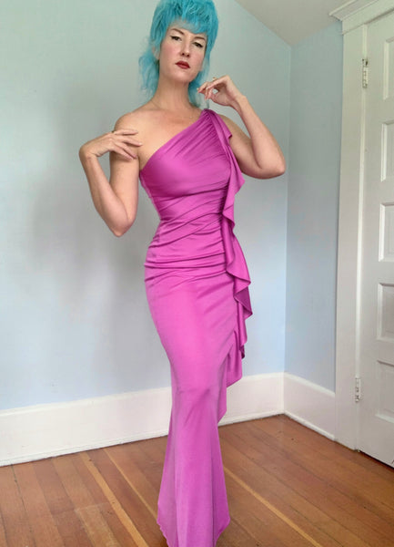 1970s Stretch Jersey One Shoulder Draped Goddess Gown by “New Leaf by Samir”