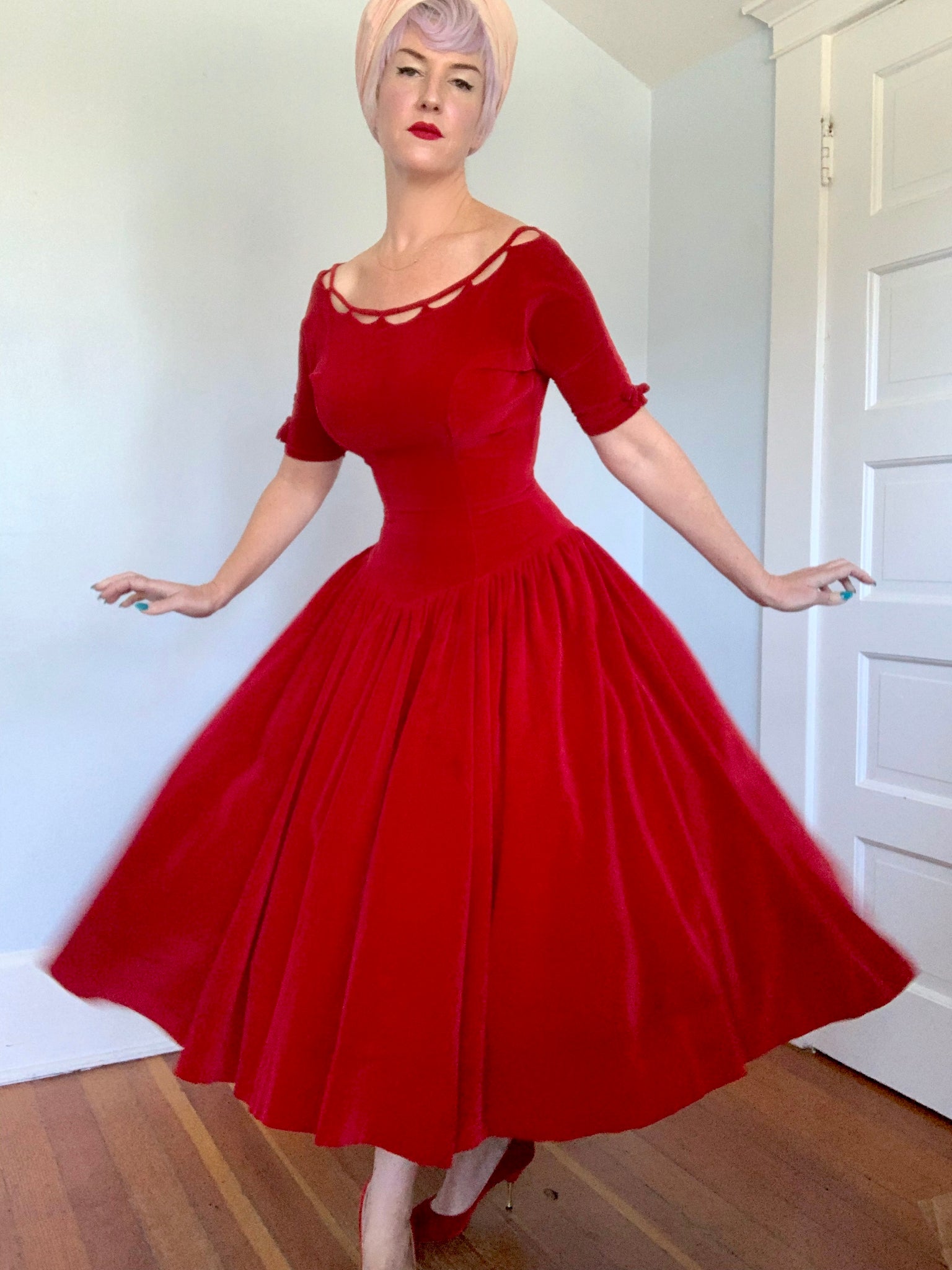 1950s Crimson Cotton Velvet Party Dress butchwaxvintage 1950s Crimson Cotton Velvet Party Dress butchwaxvintage