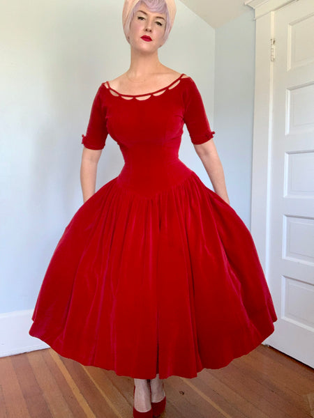 1950s Crimson Cotton Velvet Party Dress
