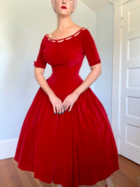1950s Crimson Cotton Velvet Party Dress