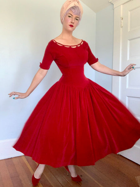 1950s Crimson Cotton Velvet Party Dress