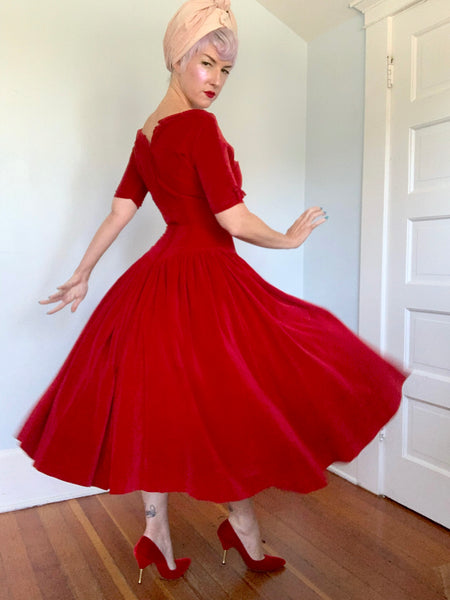 1950s Crimson Cotton Velvet Party Dress