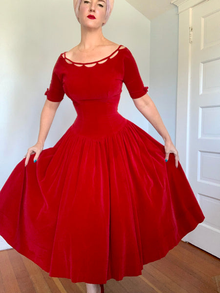 1950s Crimson Cotton Velvet Party Dress