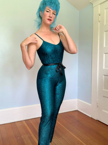 1970s Metallic Turquoise Lurex Catsuit
