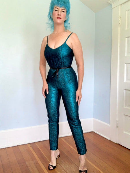 1970s Metallic Turquoise Lurex Catsuit