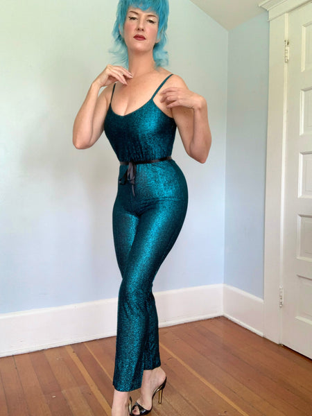 1970s Metallic Turquoise Lurex Catsuit